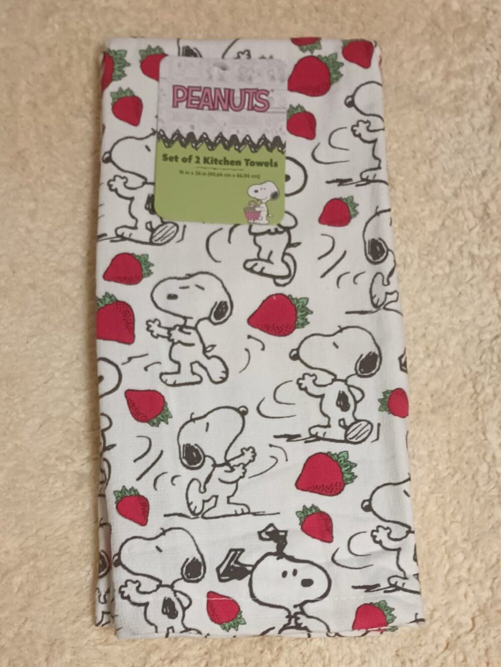 *SI ~ Peanuts Snoopy & Strawberries Multi-Images Cotton Kitchen Towels -Set of 2